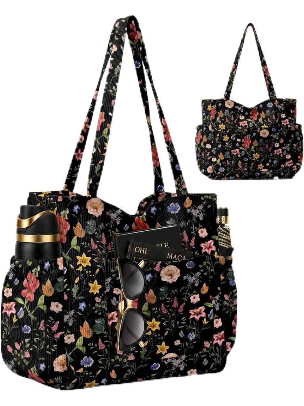 Stylish Corduroy Tote Bag for Women, Large Capacity with 6 Pockets, Crossbody